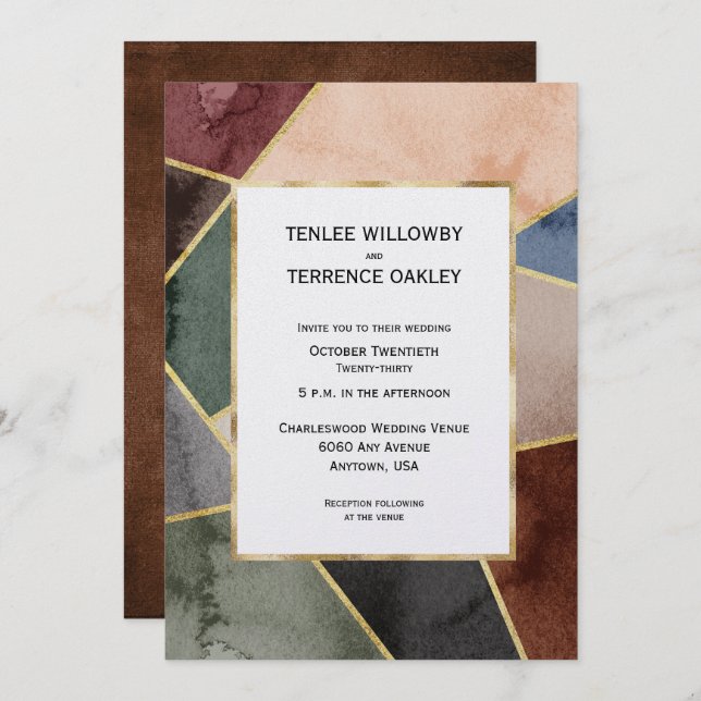 Invitación Luxurious Gold Geometric Blue Brown Green (Anverso / Reverso)