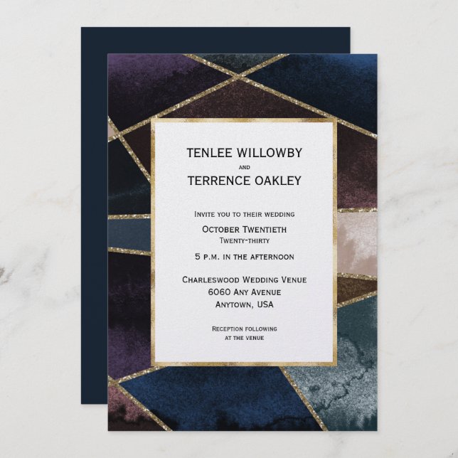 Invitación Luxurious Gold Geometric Blue Purple Brown Wedding (Anverso / Reverso)