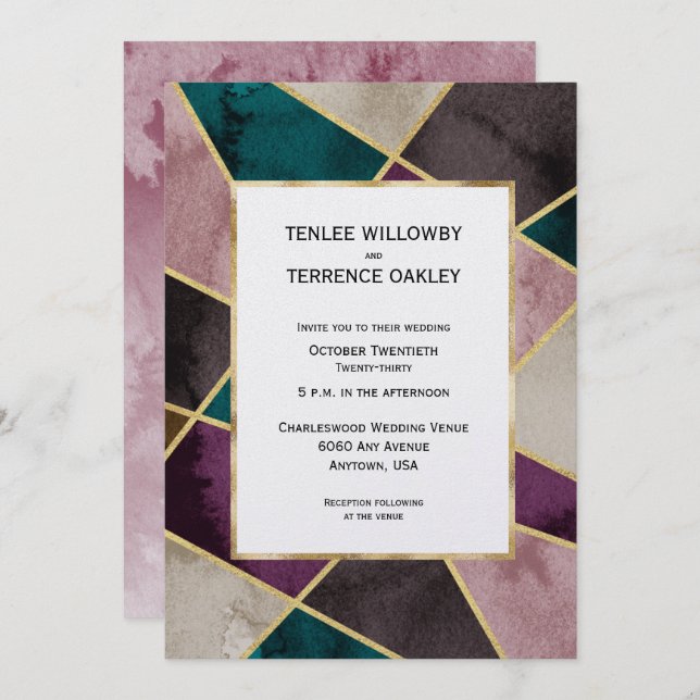 Invitación Luxurious Gold Geometric Green Purple Wedding (Anverso / Reverso)