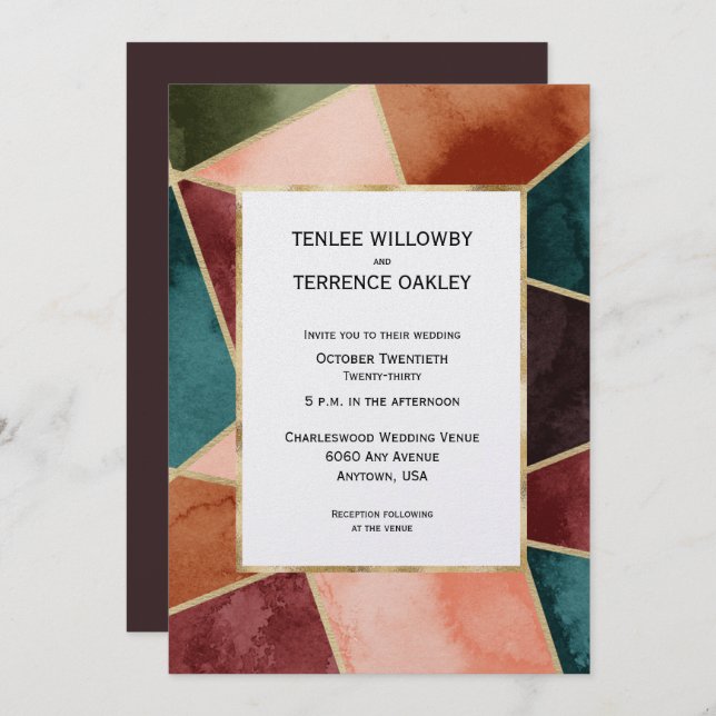 Invitación Luxurious Gold Geometric Purple Rust Teal Wedding (Anverso / Reverso)