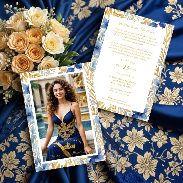 Invitación Luxurious Navy Blue & Gold Exquisite Tiara XV's (Luxurious Navy Blue & Gold Exquisite Tiara Crown Quinceañera Photo Invitations Cards with Botanical )