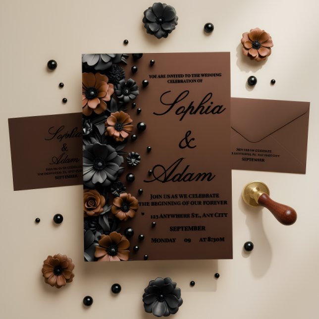 Invitación Luxury 3D Floral Bronze & Black Wedding Invitation (Subido por el creador)