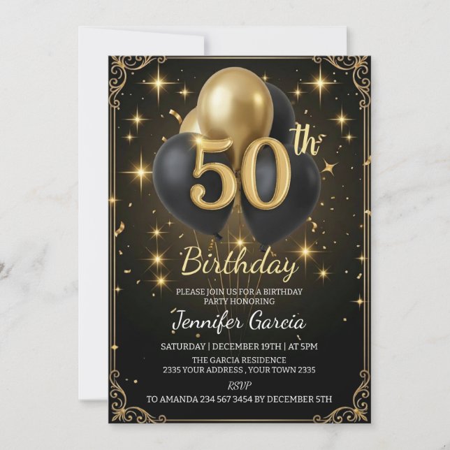 Invitación Luxury 50th Birthday Black Gold Balloon Glitter (Anverso)