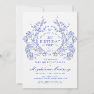 Invitación LUXURY 80 cumpleaños Escudo Floral Azul de la cose