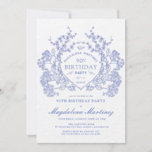 Invitación LUXURY 90º cumpleaños Escudo Floral Azul de época