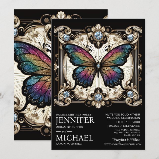 Invitación Luxury Art Deco Rainbow Butterfly Wedding  (Anverso / Reverso)