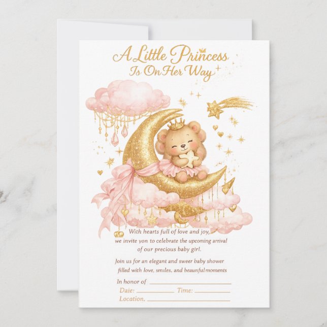 Invitación Luxury Baby Girl Shower Invitation Pink Gold Moon  (Anverso)