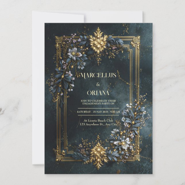 Invitación Luxury Baroque Gold Frame Dark Teal Floral Wedding (Anverso)