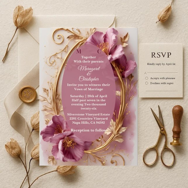Invitación Luxury Baroque Opulent Mulberry Tulip Gold Wedding (Luxury Baroque Opulent Mulberry Tulip Gold Wedding Invitation)