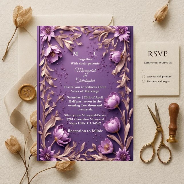 Invitación Luxury Baroque Opulent Purple Tulips Gold Wedding  (Luxury Baroque Opulent Purple Tulips Gold Wedding Invitation)