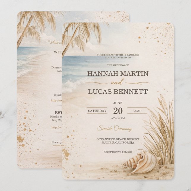 Invitación Luxury Beach Wedding Invitation Template (Anverso / Reverso)