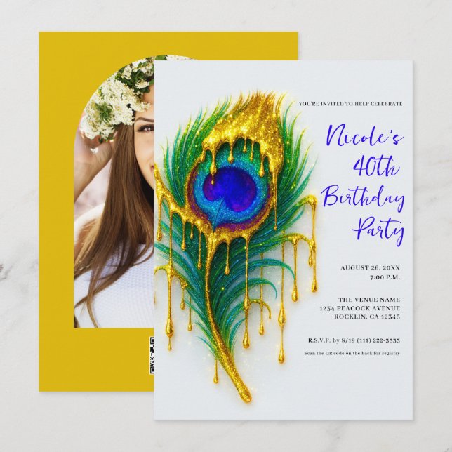 Invitación Luxury Beauty Gold Drip Peacock Feather Cumpleaños (Anverso / Reverso)
