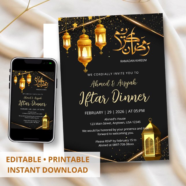 Invitación Luxury Black and Gold Lantern Iftar Dinner (Subido por el creador)