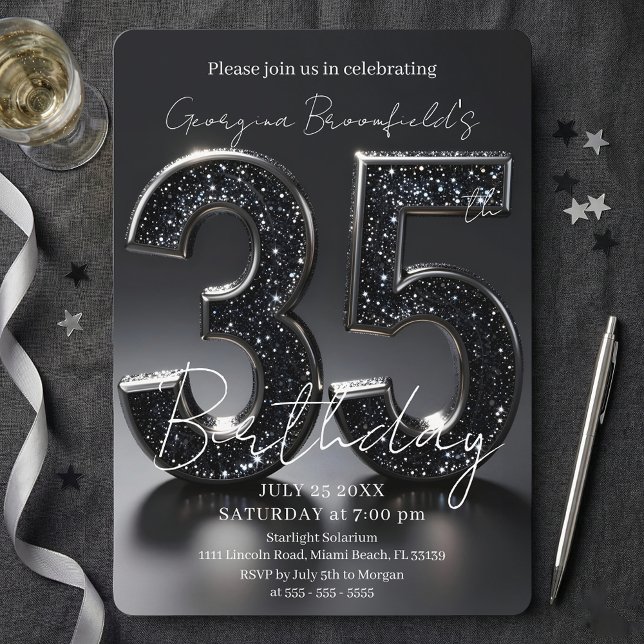 Invitación Luxury Black Glitter Silver Sparkle 35th Birthday (Subido por el creador)