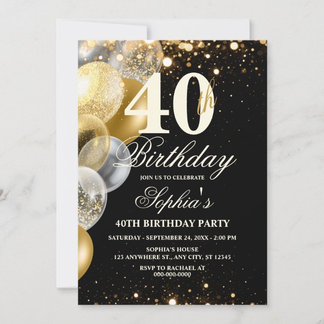 Invitación Luxury Black Gold Balloon Glitter Any Age Birthday (Anverso)