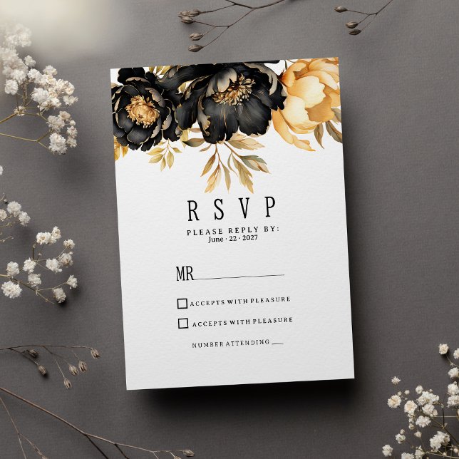 Invitación Luxury black ivory gold peony floral RSVP (Luxury black ivory gold peony floral RSVP )