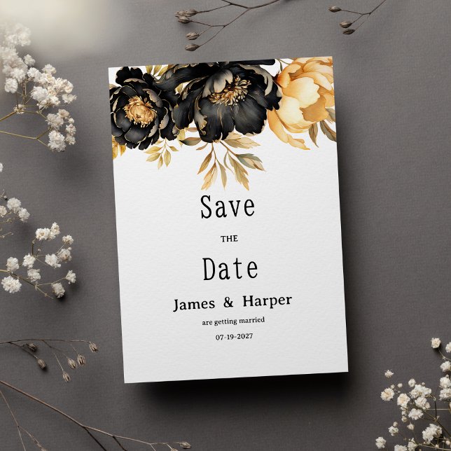 Invitación Luxury black ivory gold peony floral Save the Date (Luxury black ivory gold peony floral Save the Date)