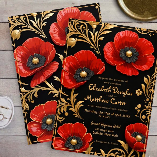 Invitación Luxury Black Red and Gold Floral Wedding  (Subido por el creador)