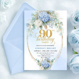 Invitación Luxury Blue Floral Watercolor 90th Birthday Invite