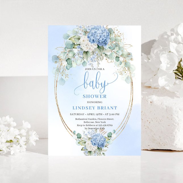 Invitación Luxury Blue Hydrangea Baby Shower Gold Invitation (Luxury Blue Hydrangea Baby Shower Gold Invitation)