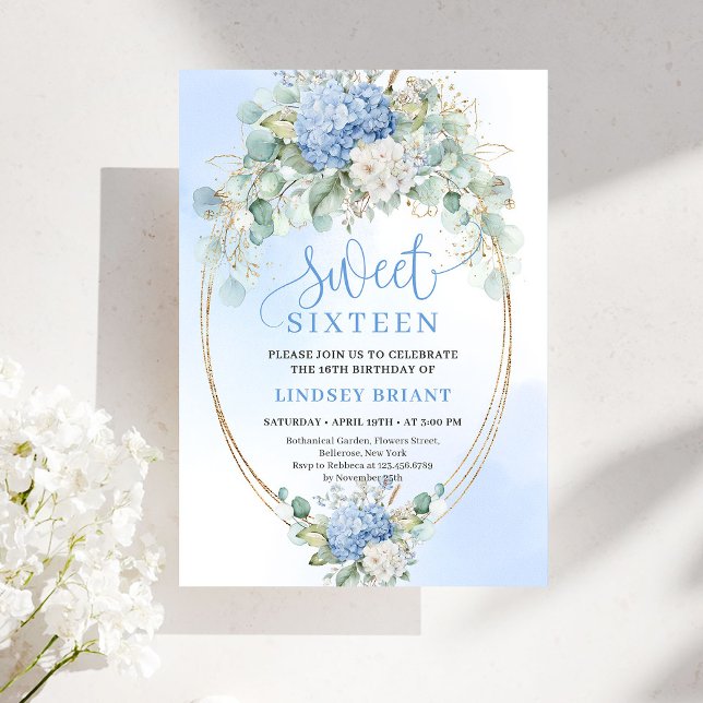 Invitación Luxury Blue Hydrangeas Sweet Sixteen Party Invite (Luxury Blue Hydrangeas Sweet Sixteen Party Invite)