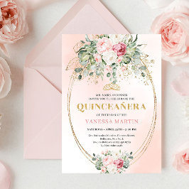 Invitación Luxury Blush Roses Greenery Gold Quinceañera Invit