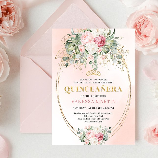 Invitación Luxury Blush Roses Greenery Gold Quinceañera Invit (Luxury Blush Roses Greenery Gold Quinceañera Invite)