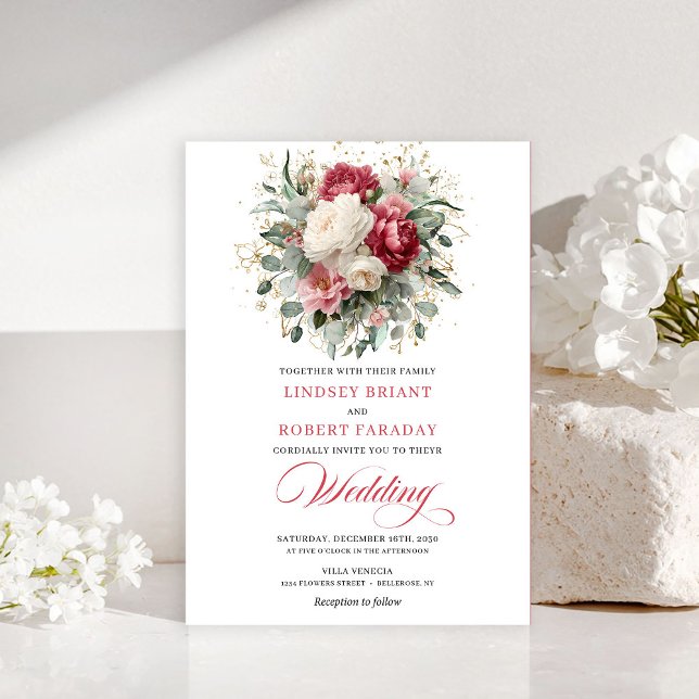 Invitación Luxury Bohemian Red White Greenery Wedding Invite (Luxury Bohemian Red White Greenery Wedding Invitation)