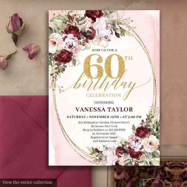 Invitación Luxury Boho Burgundy Gold Floral 60th Birthday  (Luxury Boho Burgundy Gold Floral 60th Birthday)