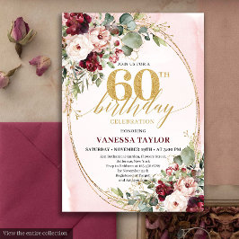 Invitación Luxury Boho Maroon Gold Floral 60th Birthday Card