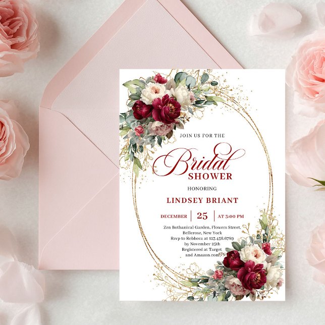 Invitación Luxury Burgundy and White Floral Bridal Shower  (Luxury Burgundy and White Floral Bridal Shower Invite)