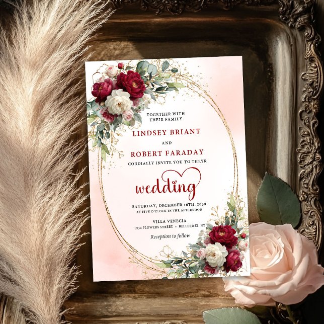 Invitación Luxury Burgundy Boho Floral Wedding Gold Invitatio (Luxury Burgundy Boho Floral Wedding Gold Invitation)