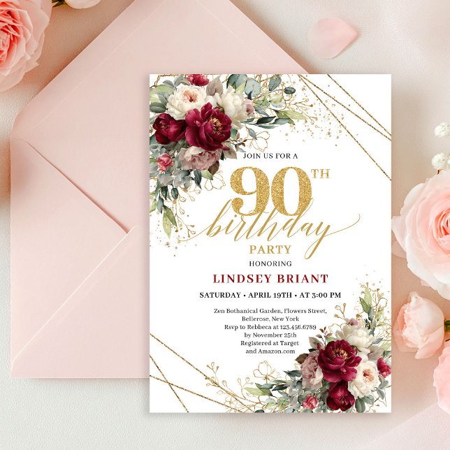 Invitación Luxury Burgundy Floral Gold 90th Birthday Invite (Luxury Burgundy Floral Gold 90th Birthday Invitation)
