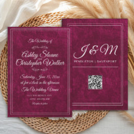 Invitación Luxury Burgundy Velvet White Monogram QR code