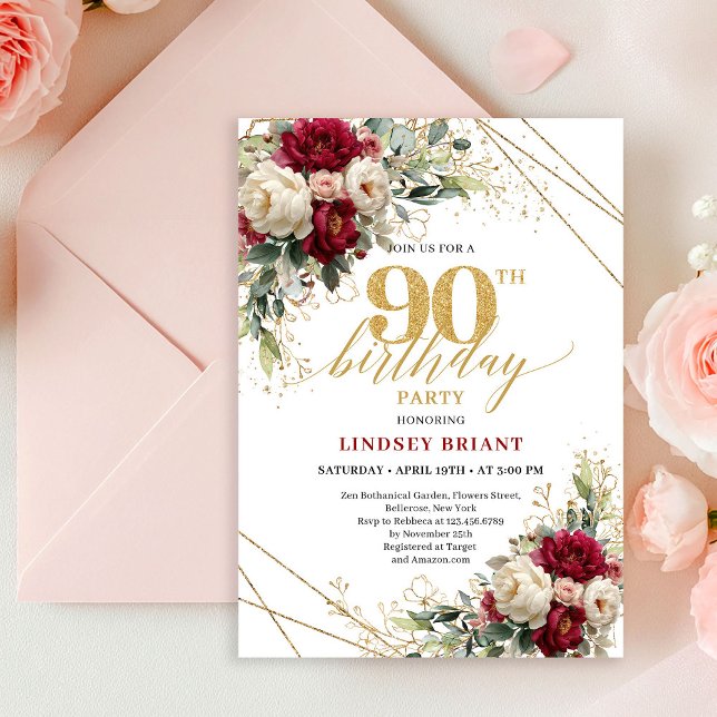 Invitación Luxury Burgundy White Roses Gold 90th Birthday  (Luxury Burgundy White Roses Gold 90th Birthday Invite)