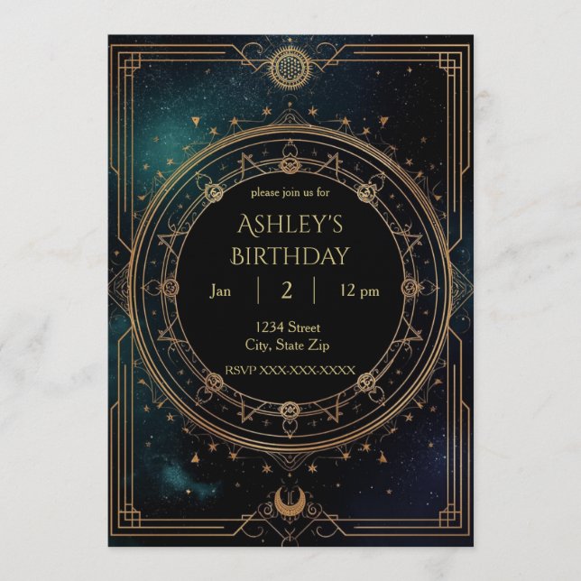 Invitación Luxury Celestial Birthday Invitation – Midnight (Anverso)