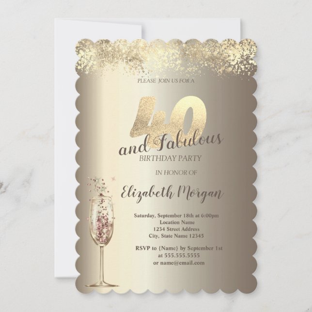 Invitación Luxury Champagne Glass Gold Confetti 40 cumpleaños (Anverso)