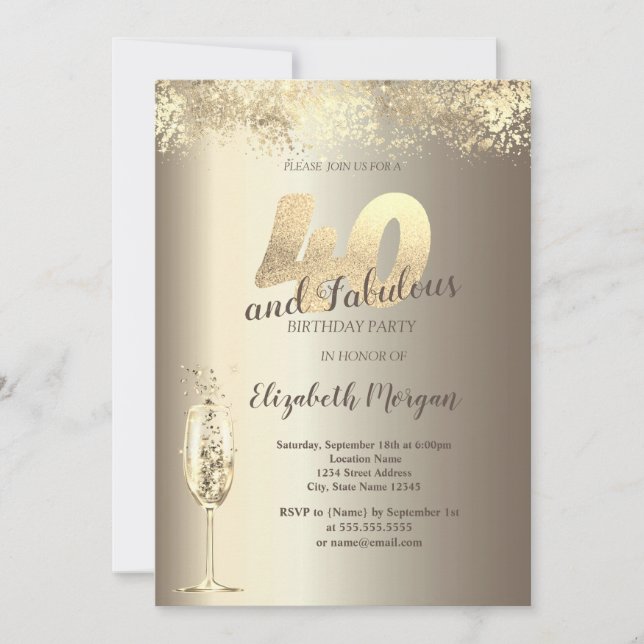 Invitación Luxury Champagne Glass Gold Confetti 40 cumpleaños (Anverso)