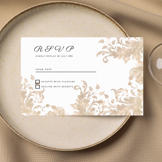 Invitación Luxury chic white gold floral lace RSVP (Luxury chic white gold floral lace RSVP )