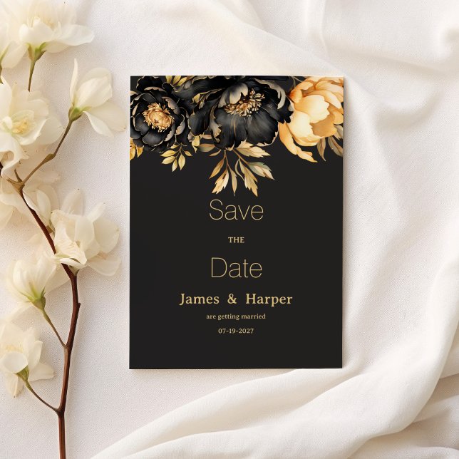 Invitación Luxury classy black gold peony flora Save the Date (Luxury classy black gold peony flora Save the Date )