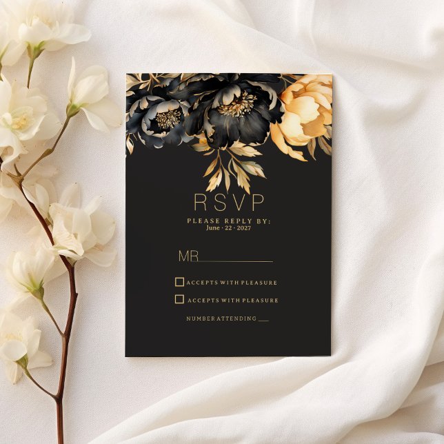Invitación Luxury classy black gold peony floral RSVP (Luxury classy black gold peony floral RSVP )