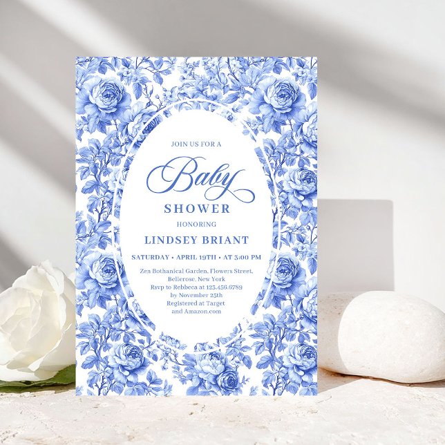 Invitación Luxury Deep Blue Toile Roses Baby Shower Invites (Luxury Deep Blue Toile Roses Baby Shower Invitation)