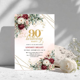 Invitación Luxury Deep Red Floral Gold 90th Birthday Invite