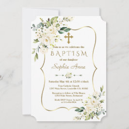 Invitación Luxury Delicate White Flowers Gold Cross Baptism