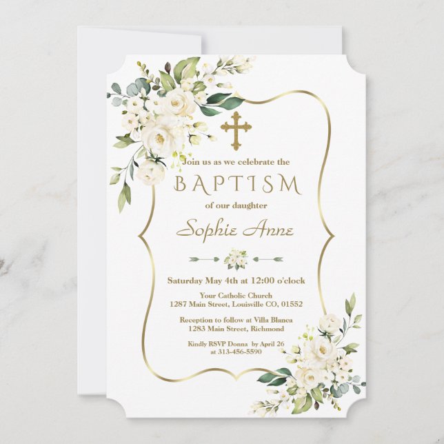 Invitación Luxury Delicate White Flowers Gold Cross Baptism (Anverso)