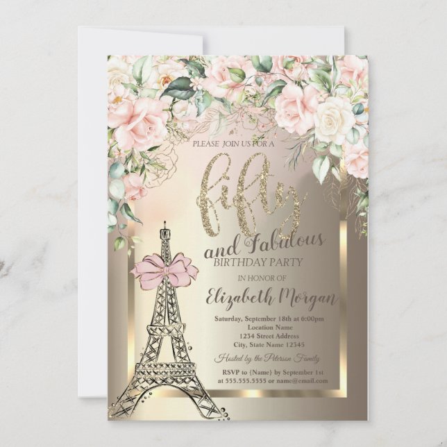 Invitación Luxury Diamonds Eiffel Tower,Pink Bow Roses 50th  (Anverso)