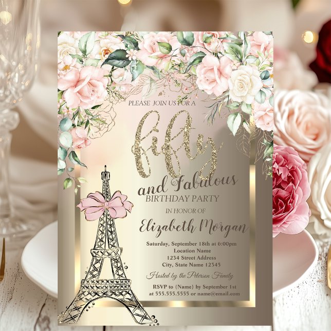 Invitación Luxury Diamonds Eiffel Tower,Pink Bow Roses 50th  (Subido por el creador)