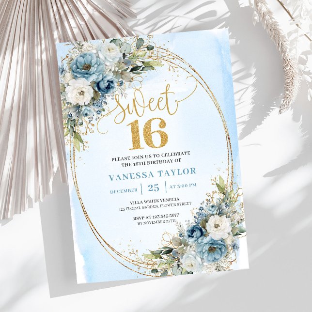 Invitación Luxury Dusty Blue Floral Sweet Sixteen Birthday  (Luxury Dusty Blue Floral Sweet Sixteen Birthday Invite)