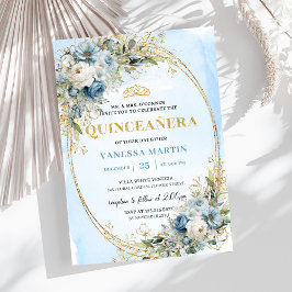 Invitación Luxury Dusty Blue Gold Greenery Quinceañera