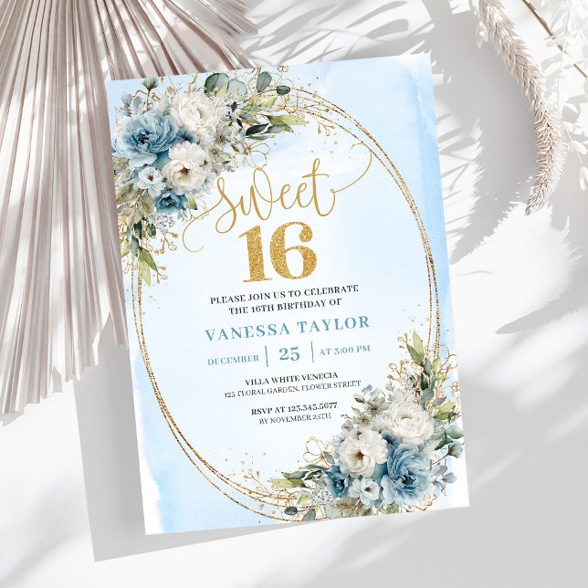 Invitación Luxury Dusty Blue Greenery Sweet Sixteen Invite (Luxury Dusty Blue Greenery Sweet Sixteen Invite)